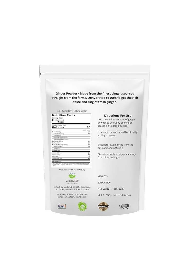 VM Biofarms Ginger Powder, 100 Grams Each Pack of 1- Pure & Natural Ground for Cooking, Baking Herbal Remedies - Indya