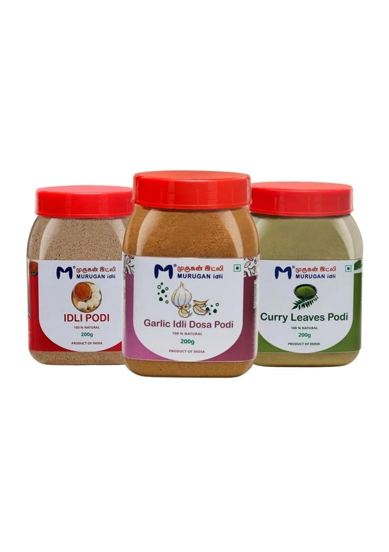 MURUGAN IDLI South Indian Spice Powder Combo Pack, Curry Leaves Podi, Podi & Garlic 200g Each, Pack of 3