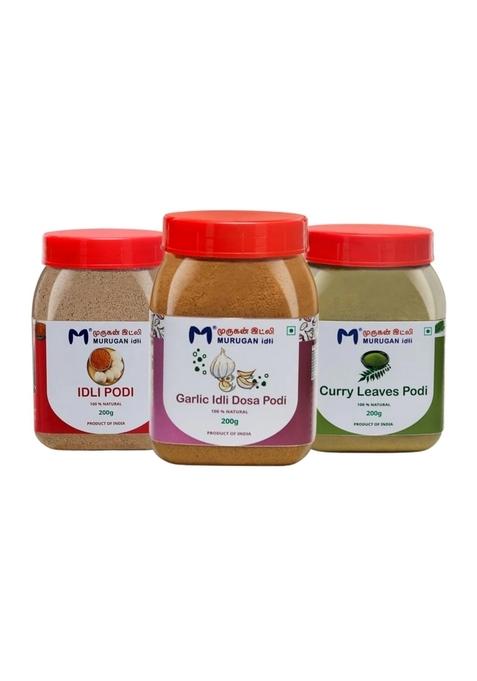 MURUGAN IDLI South Indian Spice Powder Combo Pack, Curry Leaves Podi, Podi & Garlic 200g Each, Pack of 3