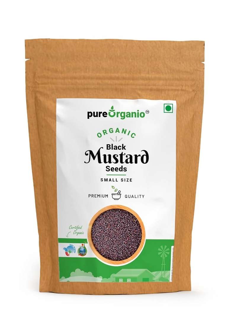 Pure Organio Organic Black Mustard Seeds (Small Size) Whole Sarson Spices | Ideal for Cooking, Pickling, Seasoning & Marinades Freshly Sealed Rich in Aroma Taste India NPOP Certified (1 Kg) - Indya