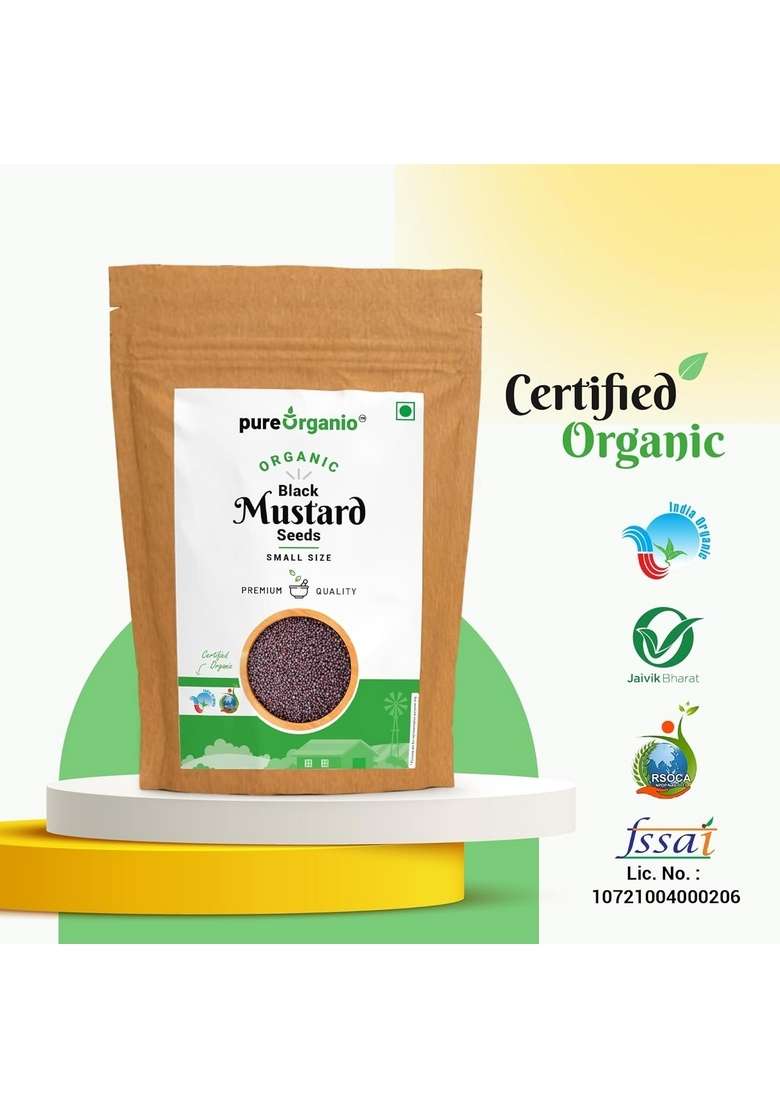 Pure Organio Organic Black Mustard Seeds (Small Size) Whole Sarson Spices | Ideal for Cooking, Pickling, Seasoning & Marinades Freshly Sealed Rich in Aroma Taste India NPOP Certified (1 Kg) - Indya