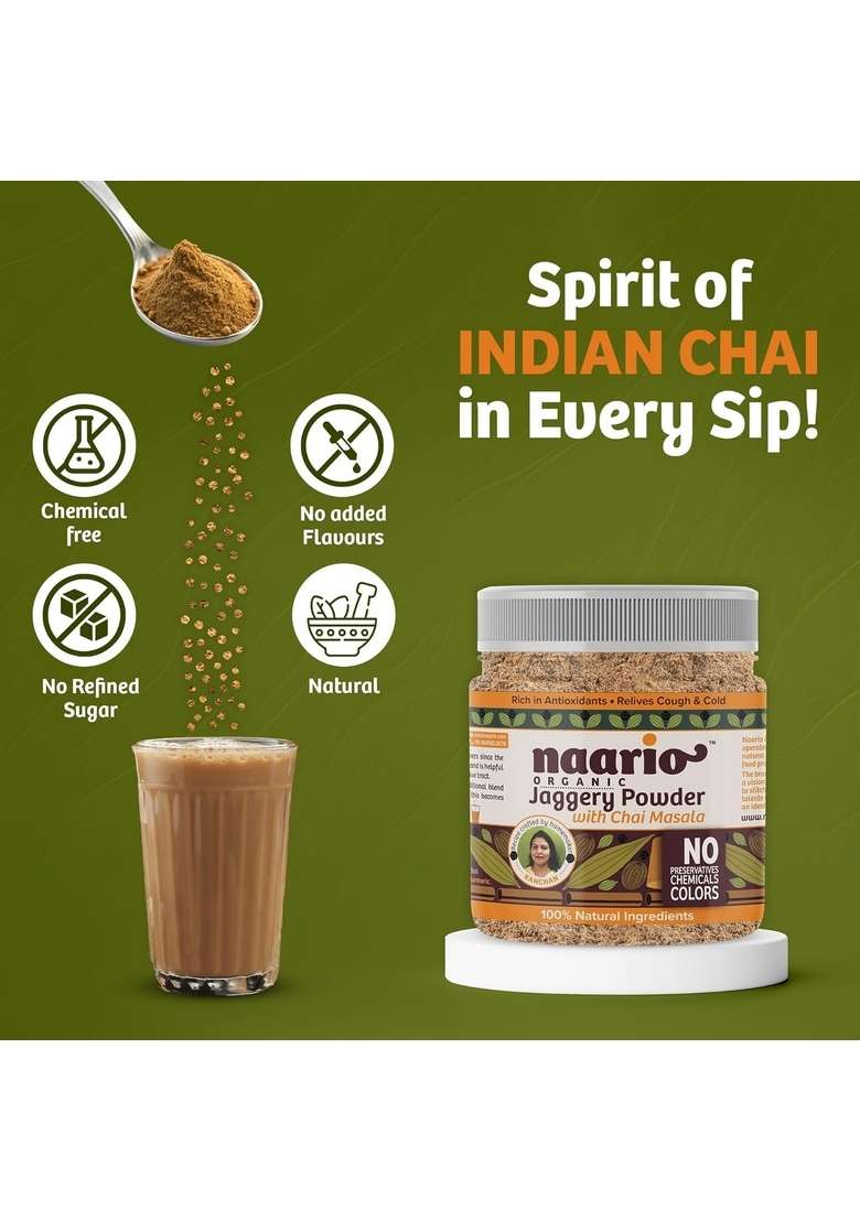 NAARIO Chai Masala with Organic Jaggery Powder | Aromatic Tea Premix 100% Natural Ingredients Helps in Cold & Cough Immunity Booster 200g (400 cups+) - Indya