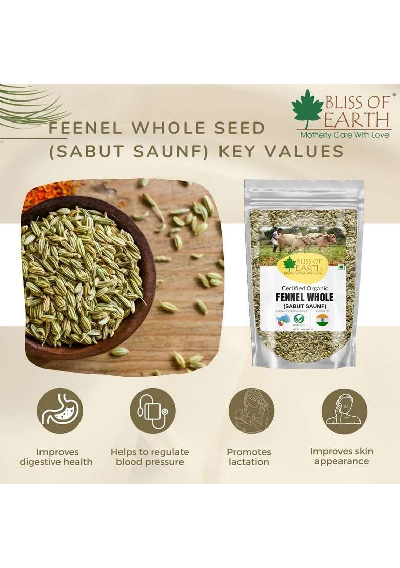 BLISS OF EARTH Organic Whole Fennel Seed 400gm - Indya