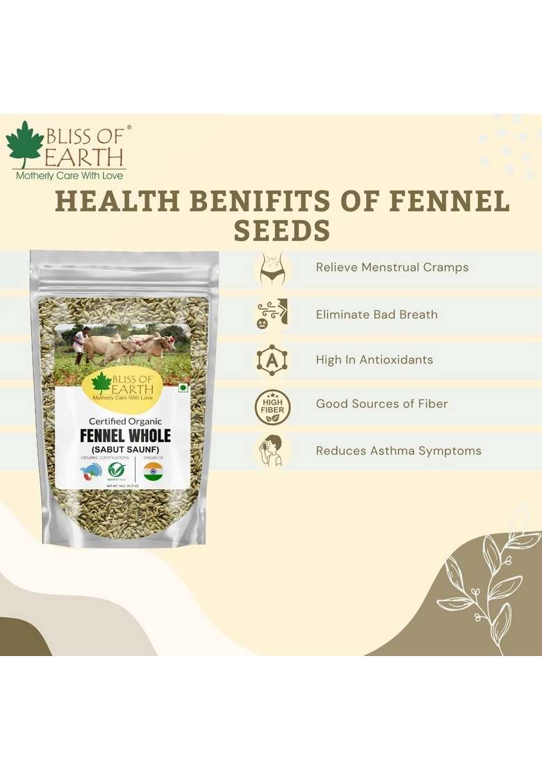 BLISS OF EARTH Organic Whole Fennel Seed 400gm - Indya