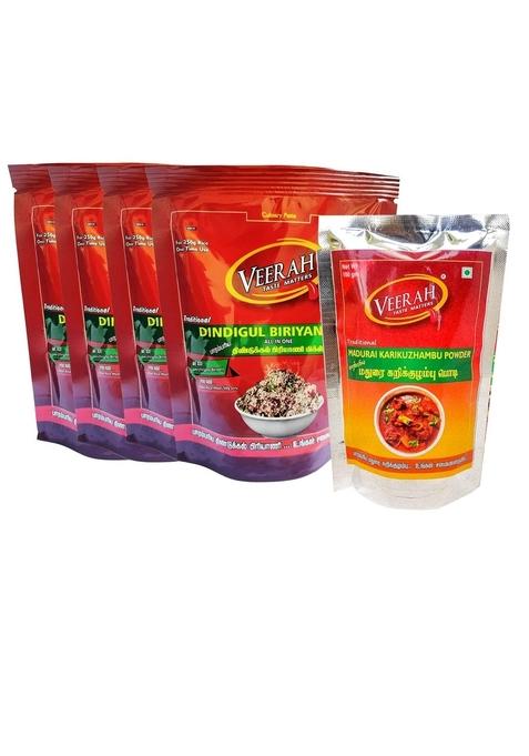 VEERAH-TASTE MATTERS Foods Dindigul Biriyani Mix 800G (Pack Of 4) And Madurai Kari Kuzhambu Powder 100G(Pack 1)