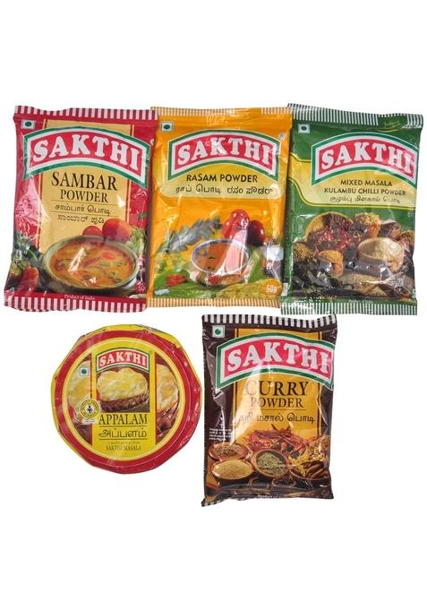 SAKTHI Masala Combo Pack Sambar Powder, Rasam Curry Masala, Mixed (50g each) + Appalam (Pappad) 150g | South Indian Spice & Kit