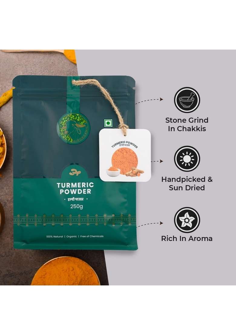 GIRORGANIC Premium Turmeric (Haldi) Powder - 250 gm | Stone Grind Chemical & Pesticides Free High Curcumin Naturally Processed 100% Organic No Added Colours Gopal Ratna Award Winner 2023 - Indya