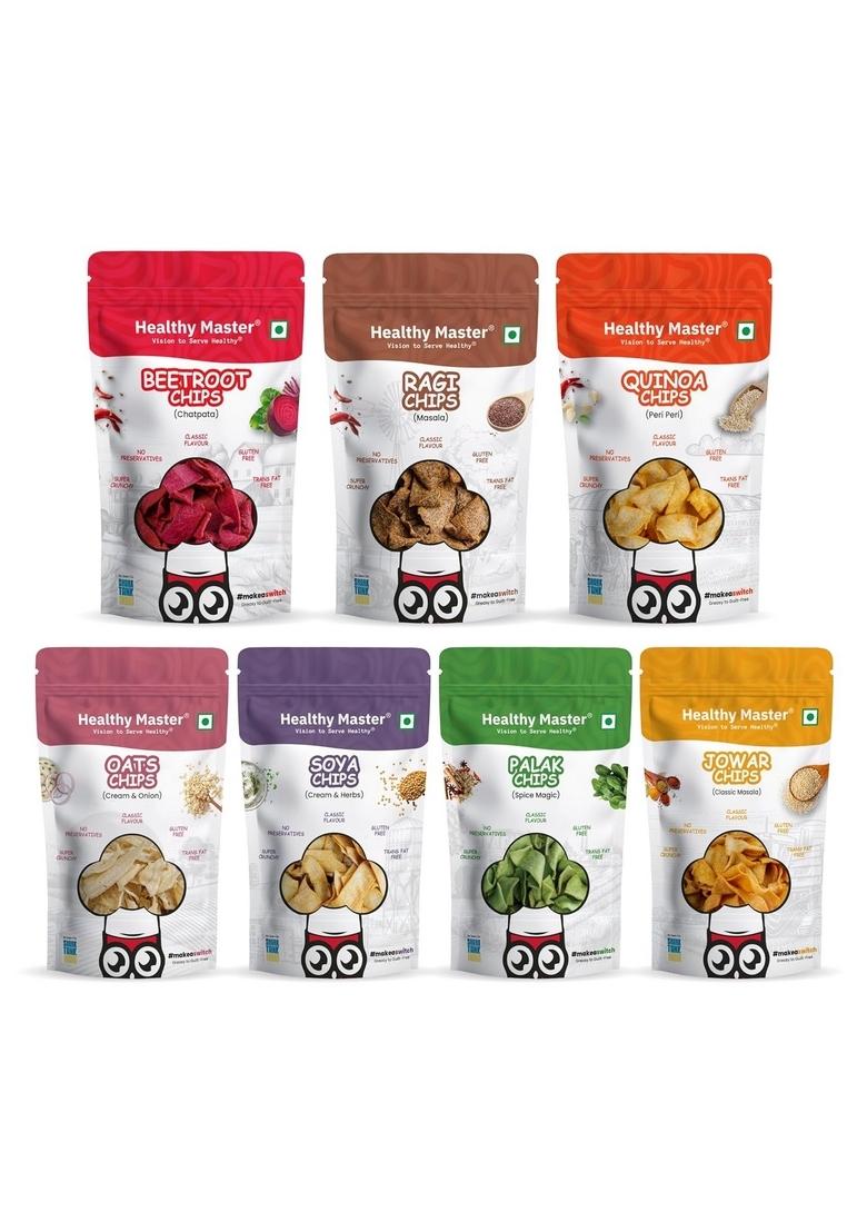 HEALTHY MASTER Vision to serve High Protein Chips Combo 210g (7x30g) | Vegan & Gluten Free Snacks No Preservatives Made with Ragi, Quinoa, Oats, Beetroot, Palak, Jowar Soya Palm Oil