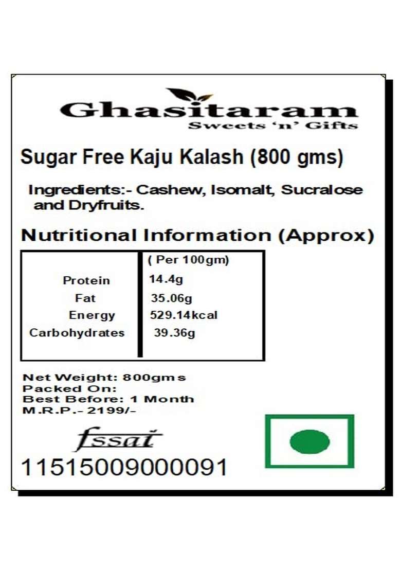 Ghasitaram Gifts Sugar Free Kaju Kalash (800 GMS) |Sweets|Sweets Gift Pack|Diwali Sweets|Indian Mithai|Diwali Sweets Box|Sweets Box - Indya