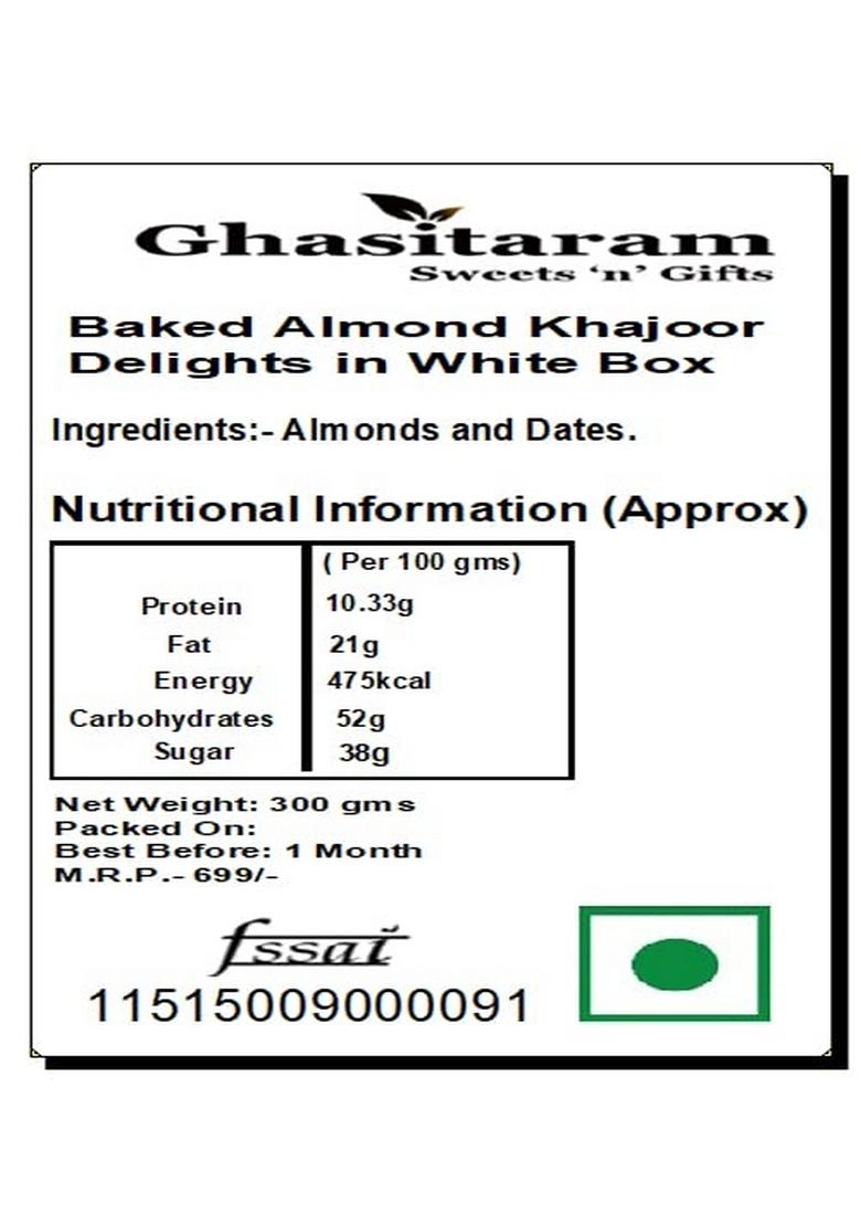 Ghasitaram Gifts Sweets -Baked Almond Khajoor Delights in White Box |Gift for Diwali,Holi,Rakhi,Valentine,Christmas,Birthday,Anniversary,Gift Her,Him,Mothers Day,Fathers Day|