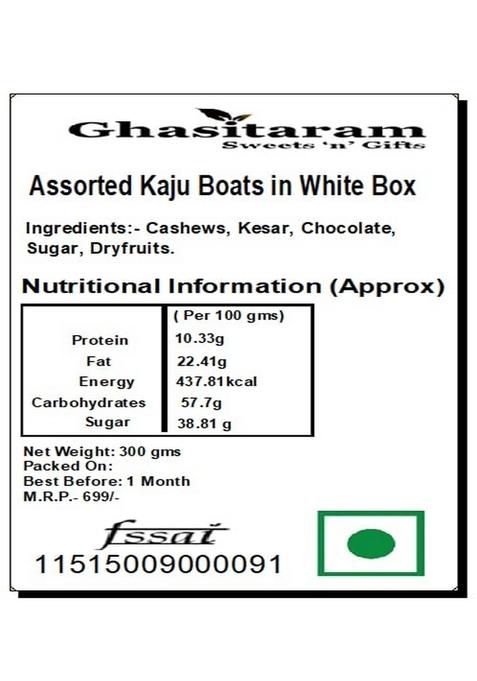 Ghasitaram Gifts Sweets -Assorted Kaju Boats in White Box |Gift for Diwali,Holi,Rakhi,Valentine,Christmas,Birthday,Anniversary,Gift Her,Him,Mothers Day,Fathers Day|