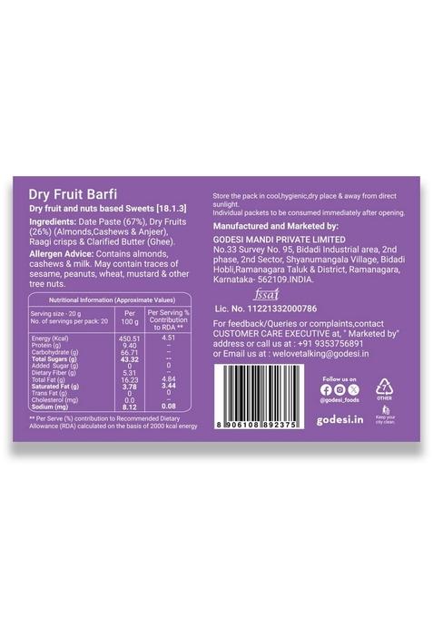 GO DESi Dry Fruits Barfi, 400 grams Burfi, 20 Individually Wrapped Dates Bar, Indian Mithai, Sweets Gift Pack, Healthy Snacks Sweets, No Added Sugar