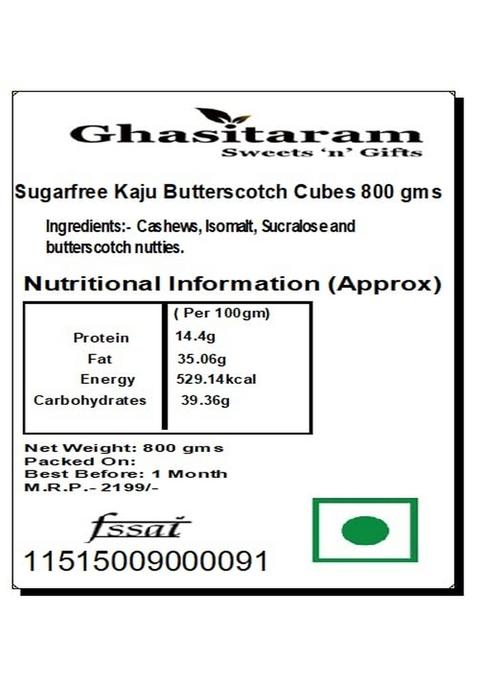 Ghasitaram Gifts Sweets Sugarfree Kaju Butterscotch Cubes 800 GMS|Sugar Free Sweets|Diabetic Friendly|Diwali Sugar Box