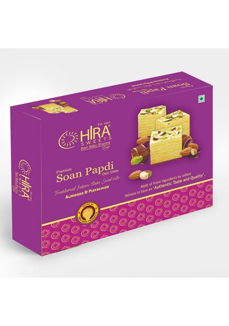 HIRA SWEETS Soan Papdi 500g | Delicious, Crispy & Flaky Made with Almonds Pistachio Ready-to-Eat Indian Traditional Mithai Ideal Gift Box for Lovers
