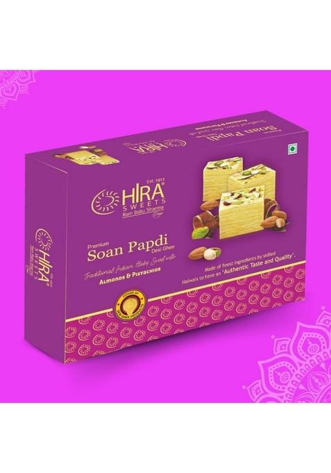 HIRA SWEETS Soan Papdi 500g | Delicious, Crispy & Flaky Made with Almonds Pistachio Ready-to-Eat Indian Traditional Mithai Ideal Gift Box for Lovers