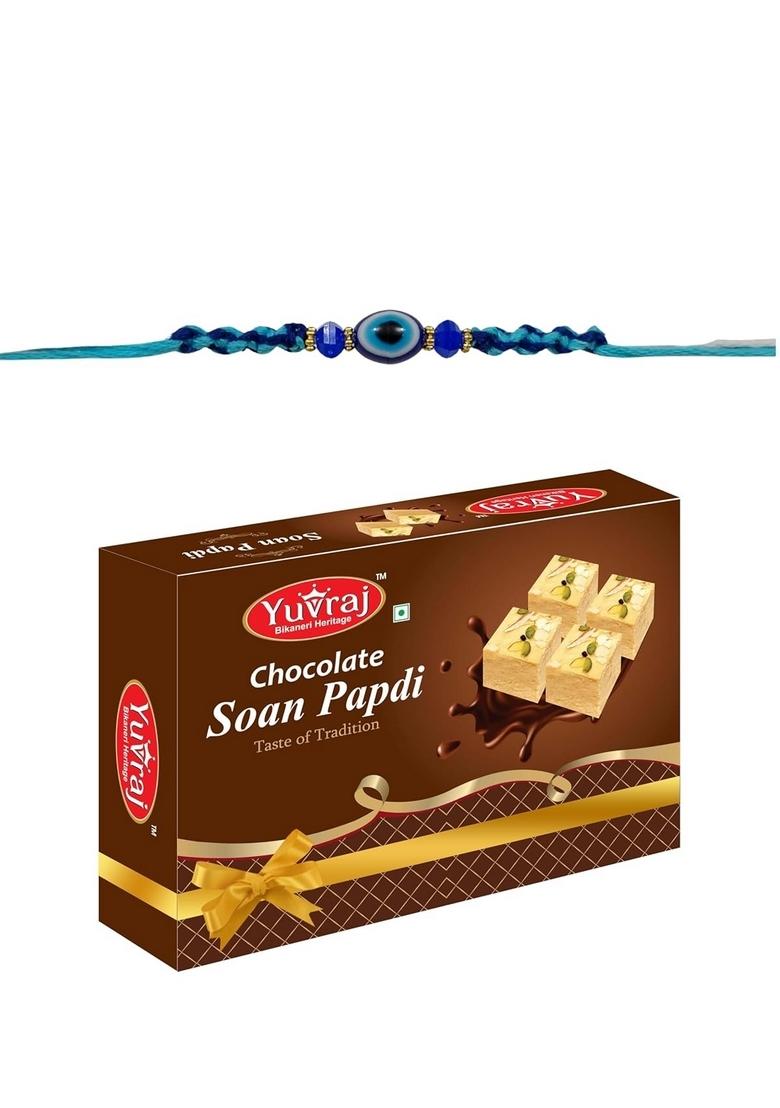 Yuvraj Evil eyes design rakhi for brother & sweets Chocolate soan papdi 200 gm box with roli chawal pack