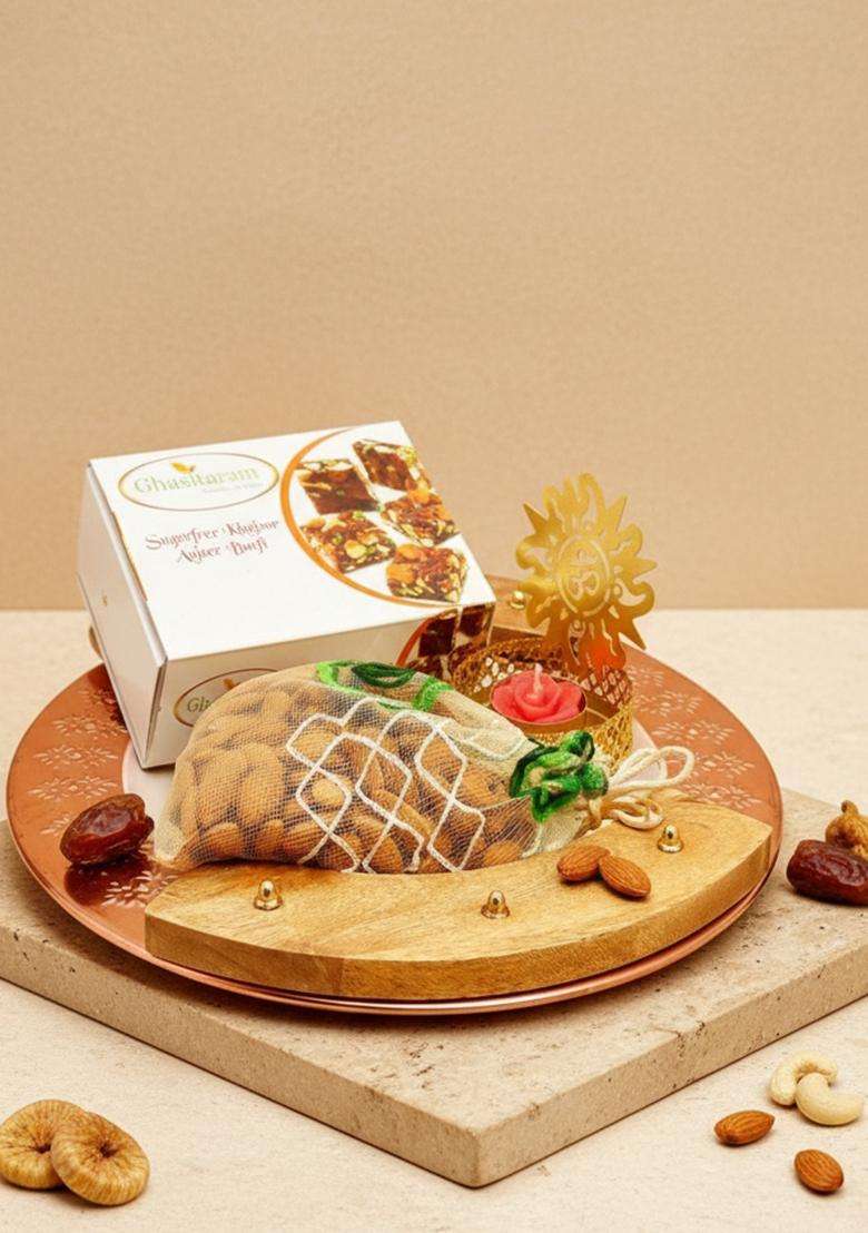 Ghasitaram Gifts Wooden Copper Platter with Sugarfree Mix, Almonds Pouch and Om T- Lite|Sugar Free Sweets|Diabetic Friendly|Diwali Sugar Sweets Box - Indya
