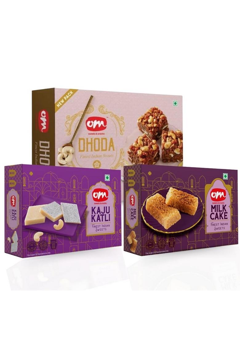 OM SWEETS & SNACKS Dhoda Burfi (250g) Kaju Katli (400g) Milk Cake Combo | Rich Creamy Mithai Gift Pack Great Traditional Indian Festival Made with Nuts Fresh Sweet