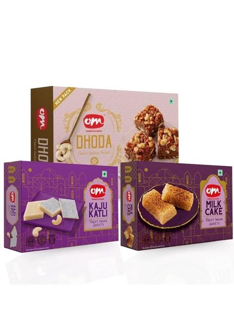 OM SWEETS & SNACKS Dhoda Burfi (250g) Kaju Katli (400g) Milk Cake Combo | Rich Creamy Mithai Gift Pack Great Traditional Indian Festival Made with Nuts Fresh Sweet