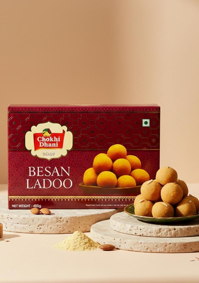 Chokhi Dhani Besan Ladoo 400g | Premium Indian Sweet with Almonds & Cashew Nuts Traditional Mithai Gift Box Authentic Festive Wedding Pack of 1