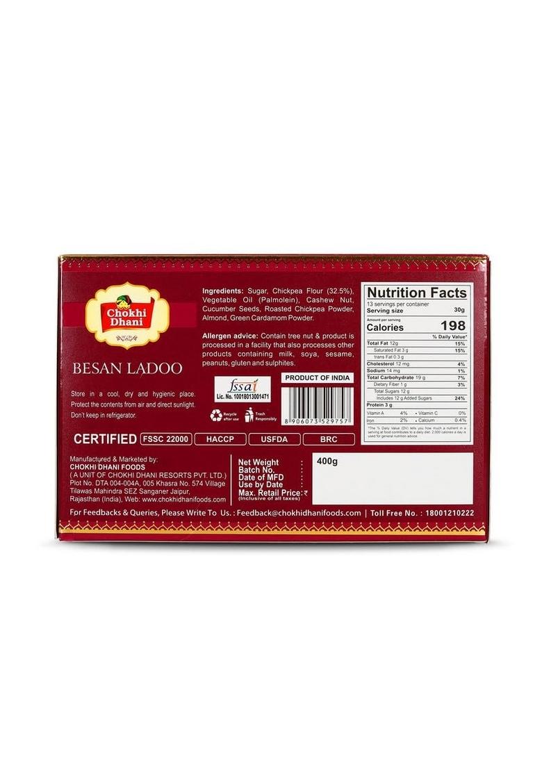 Chokhi Dhani Besan Ladoo 400g | Premium Indian Sweet with Almonds & Cashew Nuts Traditional Mithai Gift Box Authentic Festive Wedding Pack of 1