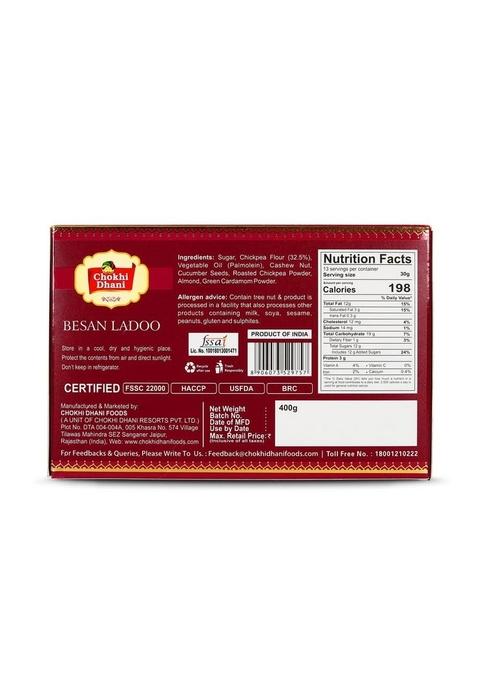 Chokhi Dhani Besan Ladoo 400g | Premium Indian Sweet with Almonds & Cashew Nuts Traditional Mithai Gift Box Authentic Festive Wedding Pack of 1