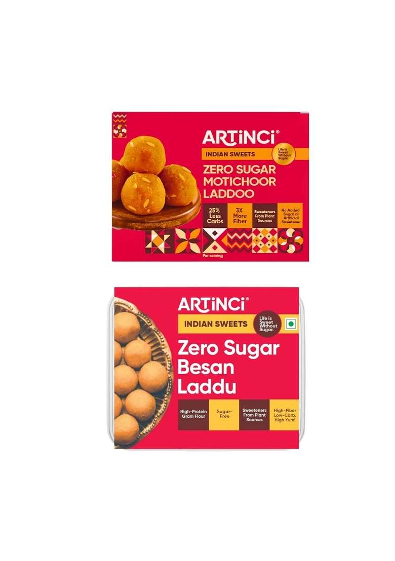 Artinci Sugar free Motichoor Ladoo & Besan Combo, Low Carb, GI, No Added Sugar, Made with Pure desi ghee (190 gm + 190gm) - Indya