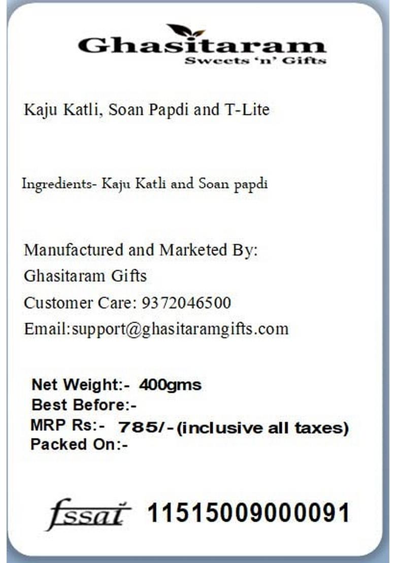 Ghasitaram Gifts Kaju Katli, Soan Papdi and T-Lite|Sweets|Sweets Gift Pack|Diwali Sweets|Indian Mithai|Diwali Sweets Box