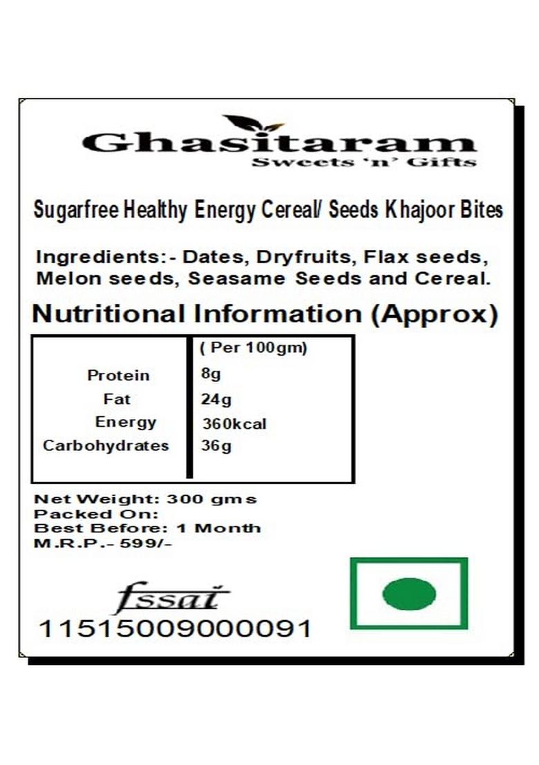 Ghasitaram Gifts Sugarfree Healthy Energy Cereal/ Seeds Khajoor Bites|Sweets|Sweets Gift Pack|Diwali Sweets|Indian Mithai|Diwali Sweets Box|Sugarfree Sweet|Sugarfree