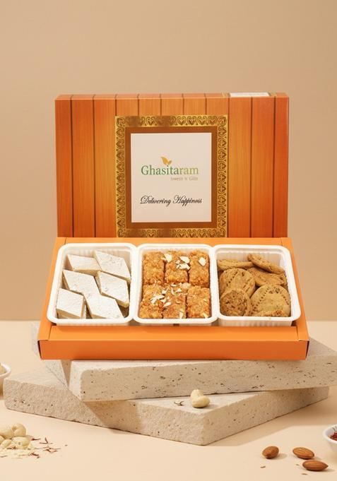 Ghasitaram Gifts Assorted Box of Kaju Katli, Milk Cake and Methi Mathi|Sweets|Sweets Gift Pack|Diwali Sweets|Indian Mithai|Diwali Sweets