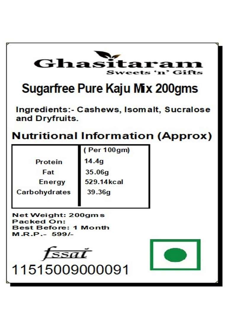 Ghasitaram Gifts Sugarfree Pure Kaju Mix 200gms|Sugar Free Sweets|Diabetic Friendly|Diwali Sugar Sweets Box - Indya