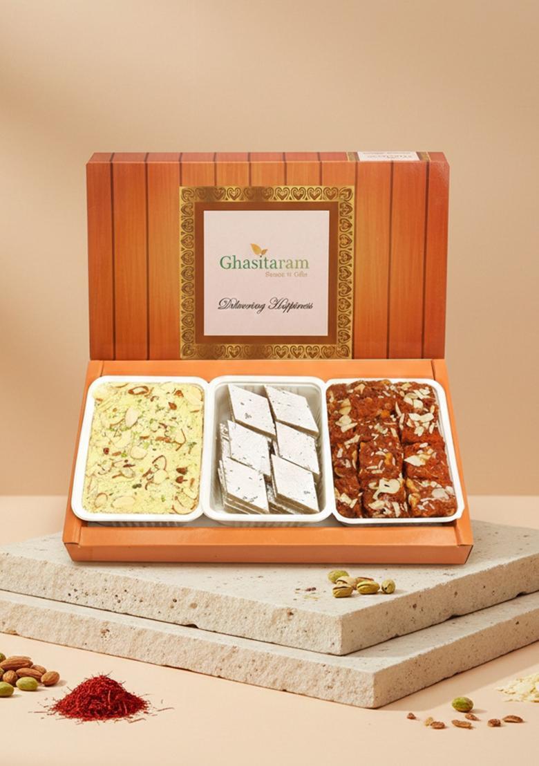 Ghasitaram Gifts Kaju Katli, Dodha Barfi and Soan Papdi|Sweets|Sweets Gift Pack|Diwali Sweets|Indian Mithai|Diwali Sweets Box