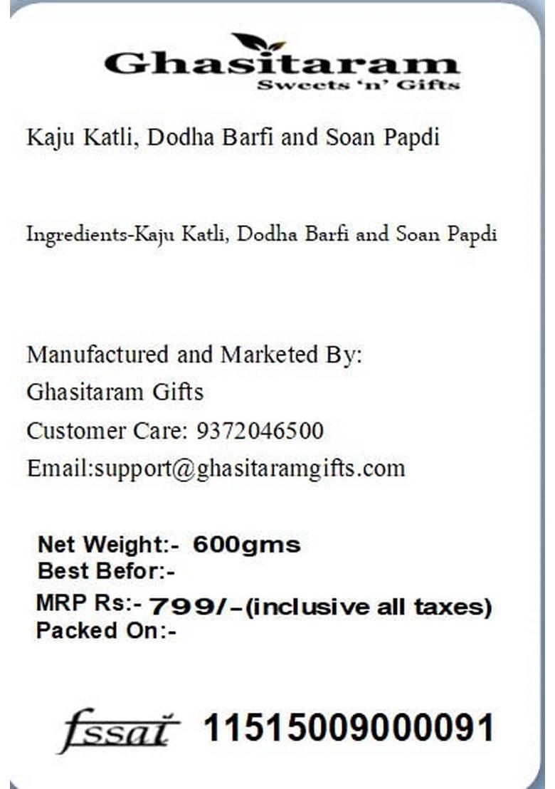 Ghasitaram Gifts Kaju Katli, Dodha Barfi and Soan Papdi|Sweets|Sweets Gift Pack|Diwali Sweets|Indian Mithai|Diwali Sweets Box