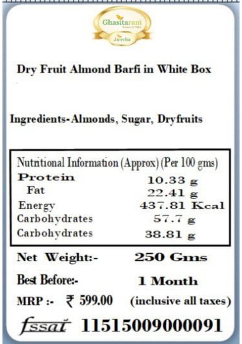 Ghasitaram Gifts Sweets Dry Fruit Almond Barfi in White Box with Rakhi