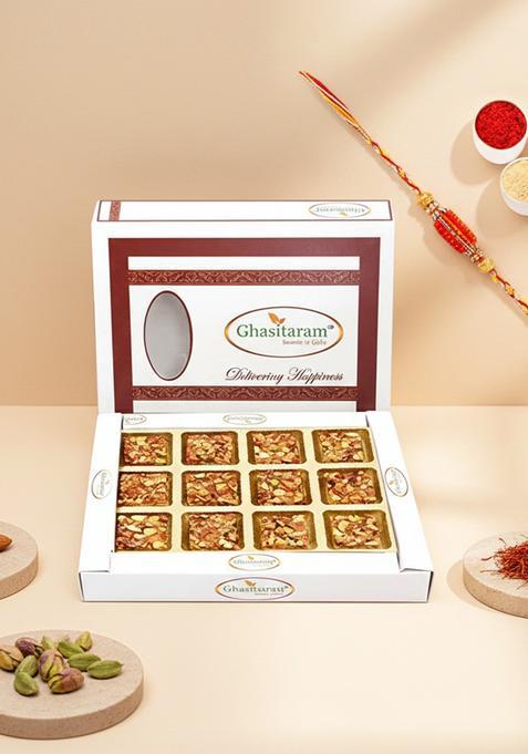 Ghasitaram Gifts Sweets Dry Fruit Almond Barfi in White Box with Rakhi