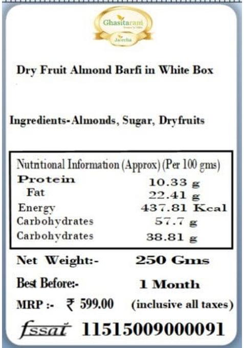 Ghasitaram Gifts Sweets Dry Fruit Almond Barfi in White Box with Rakhi