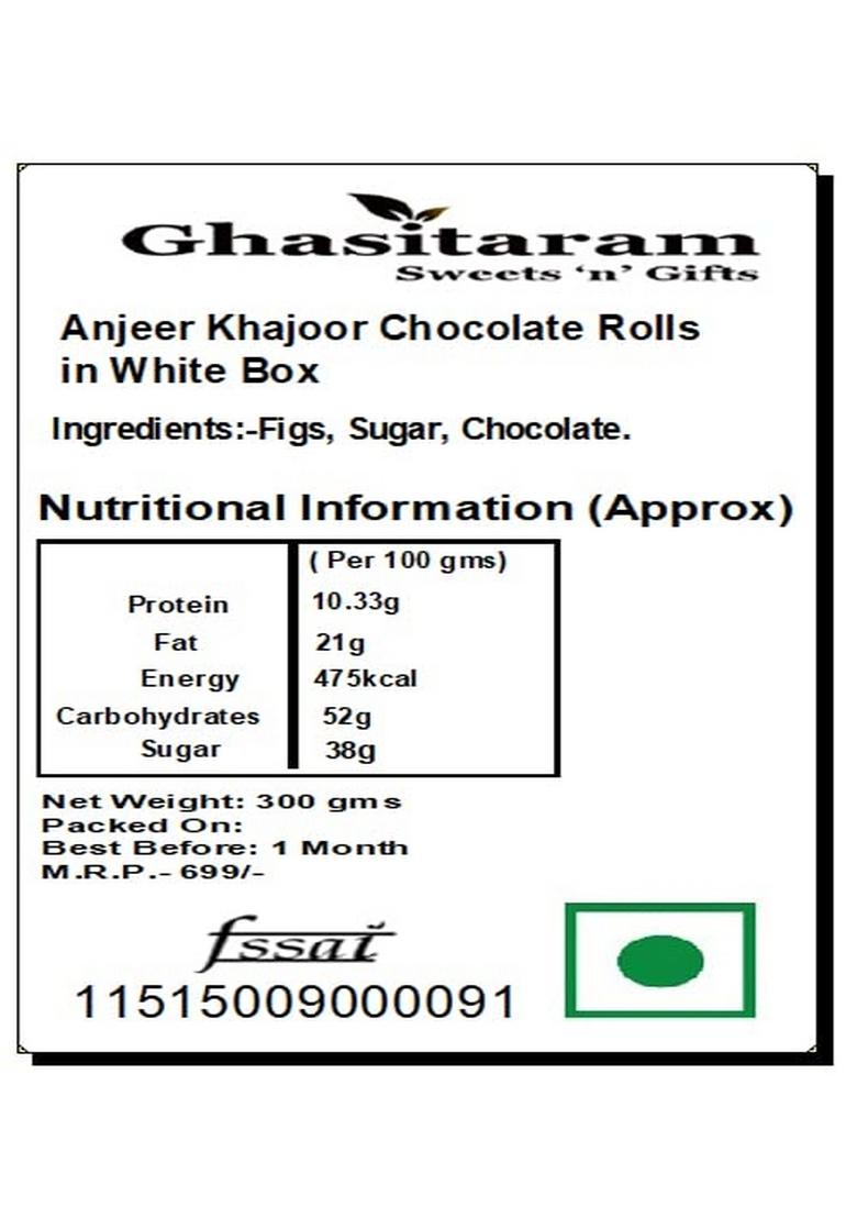 Ghasitaram Gifts Anjeer Khajoor Chocolate Rolls in White Box |Sweets|Sweets Gift Pack|Diwali Sweets|Indian Mithai|Diwali Sweets Box|Sweets