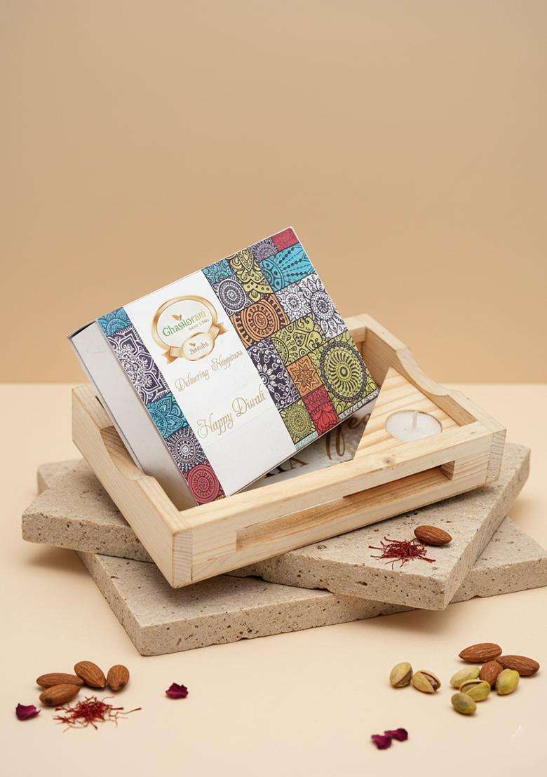 Ghasitaram Gifts Diwali - Natural Wood Tray with Assorted Bites Box and Triangle T-Lite|Sweets|Sweets Gift Pack|Diwali Sweets|Indian Mithai|Diwali Sweets - Indya