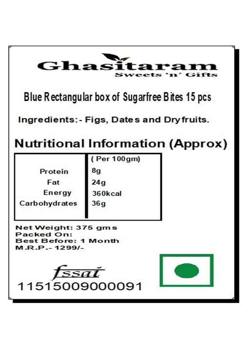 Ghasitaram Gifts Diwali - Blue Rectangular Box of Sugarfree Bites 15 pcs|Gift Hamper|Sugar Free Sweets|Diabetic Friendly|Diwali Sugar Sweets - Indya