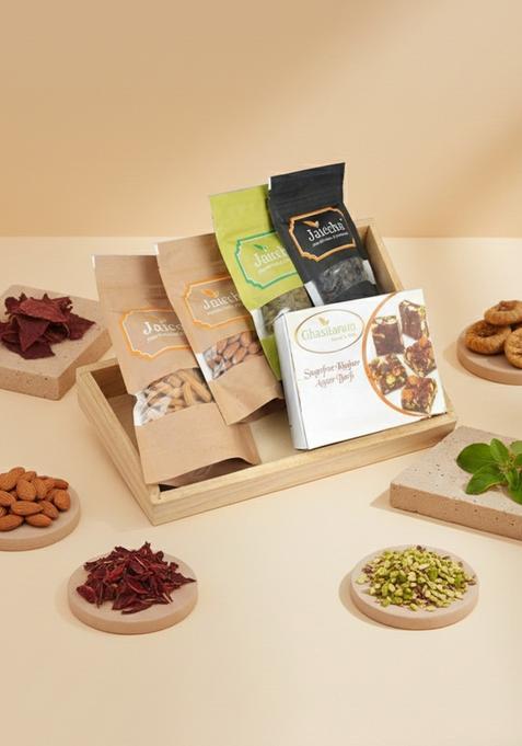 Ghasitaram Gifts Diwali Light Wood Tray of Almonds,Raisins,Butter Chakli Banarsi Flavoured & Sugarfree Bites|Sugar Free Sweets|Diabetic Friendly|Diwali Sugar Sweets Box