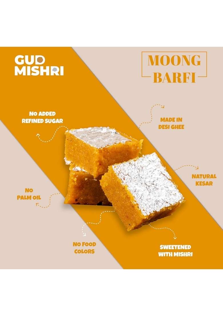 GUD MISHRI Moong Barfi 800g | Nutritious Mithai Crafted with Dal & Desi Ghee Naturally Sweetened Wholesome, Guilt-Free Healthy Indian Sweet MAP Packed Freshness Perfect Festive Treat Gift Box - Indya