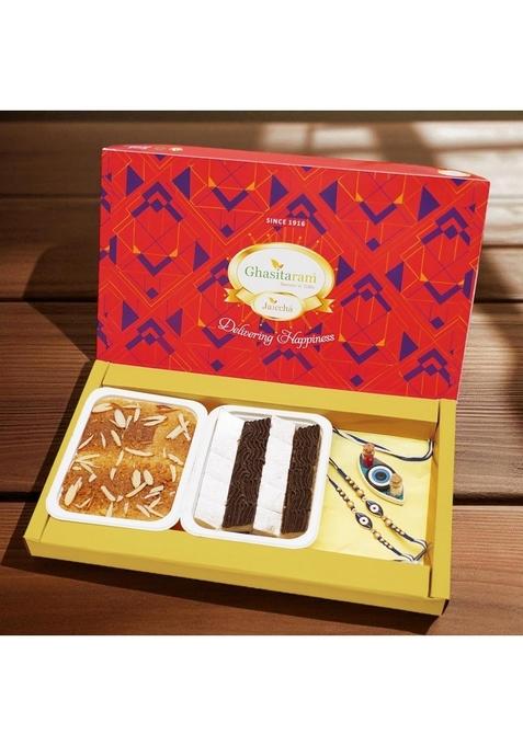 Ghasitaram Gifts Rakhi Gifts/Rakhi Sweets - Gift Box with Mini Kaju Katlis, Milk Cake and Evil Eye Rakhis