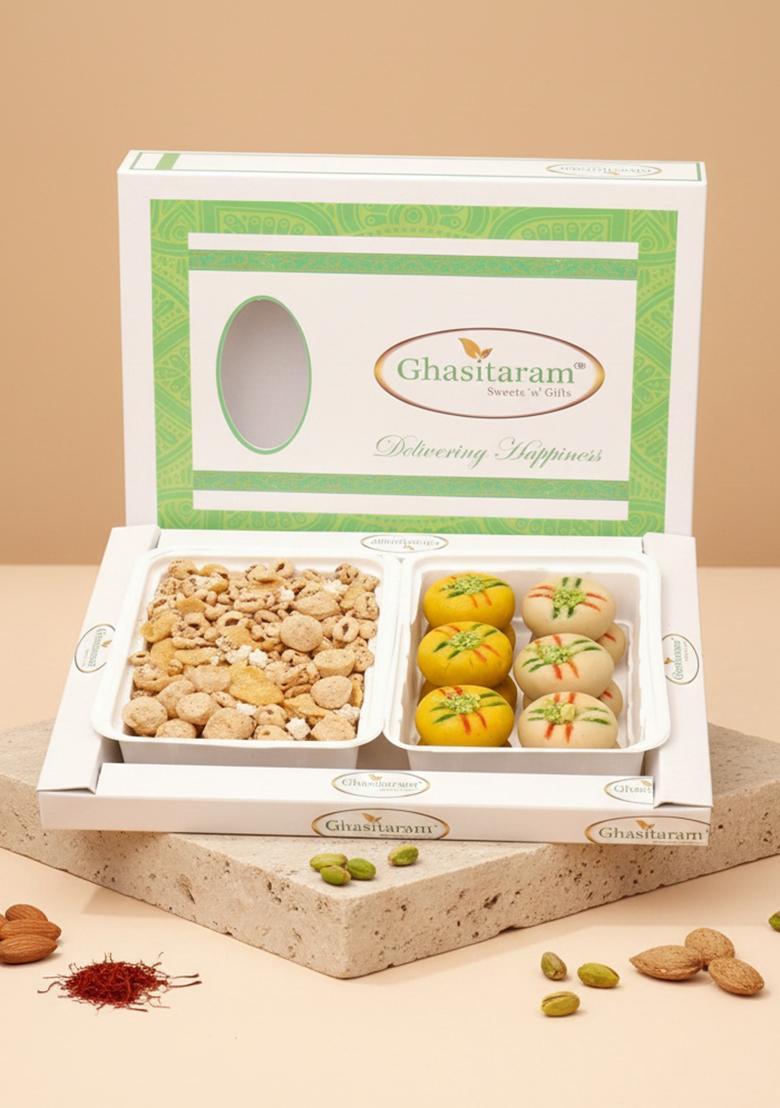 Ghasitaram Gifts Multigrain Mix Namkeen with Sugarfree Mawa Peda Hamper|Sugar Free Sweets|Diabetic Friendly|Diwali Sugar Sweets Box