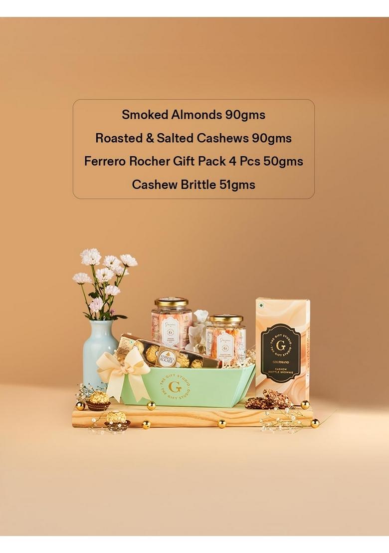 THE GIFT STUDIO.COM Midnight Stash Premium Snack Hamper | Smoked Almonds, Roasted & Salted Cashews, Cashew Brittle, Chocolate Box Gourmet Dry Fruit Hamper, Corporate Gifting