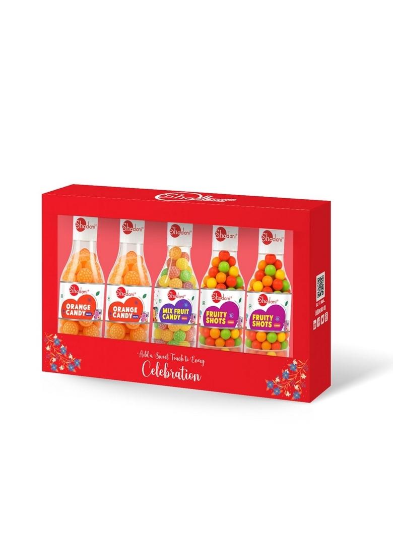 Shadani Celebration Hamper Premium Diwali & Corporate Gift Box | 5 Mini Champion Cans Assorted Candy Fruit Balls Customizable Sweet Gifting Pack for Festivals Parties Employees Friends