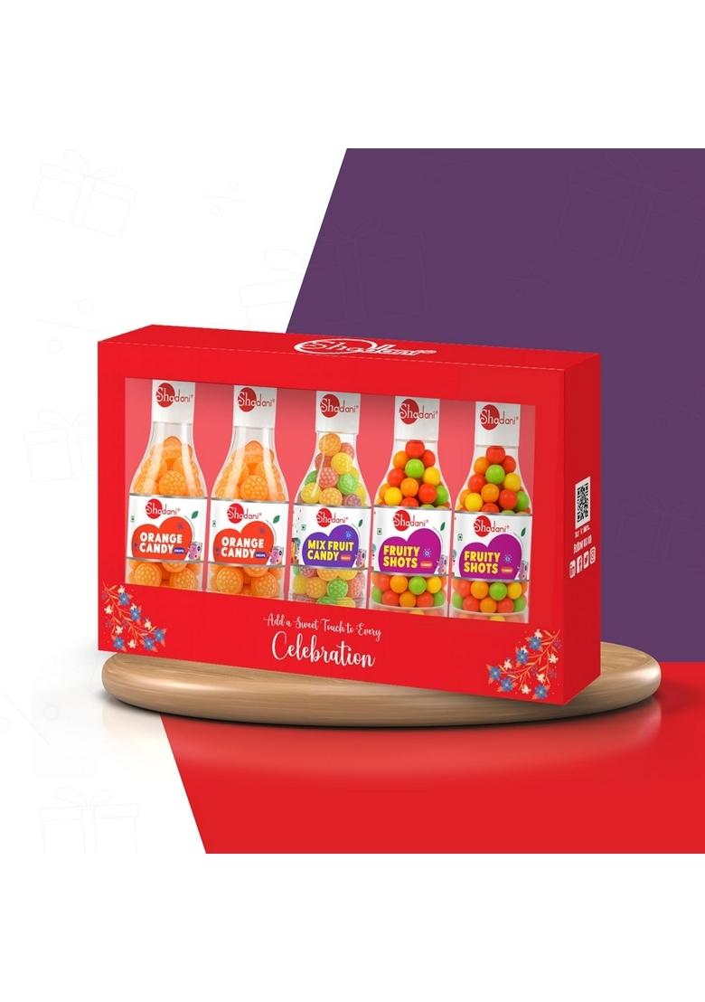 Shadani Celebration Hamper Premium Diwali & Corporate Gift Box | 5 Mini Champion Cans Assorted Candy Fruit Balls Customizable Sweet Gifting Pack for Festivals Parties Employees Friends