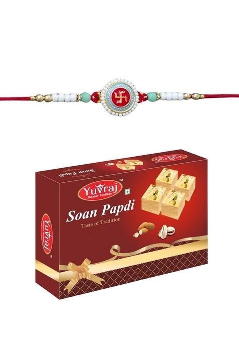 Yuvraj swastik design rakhi for brother & sweets soan papdi 200 gm box with roli chawal pack