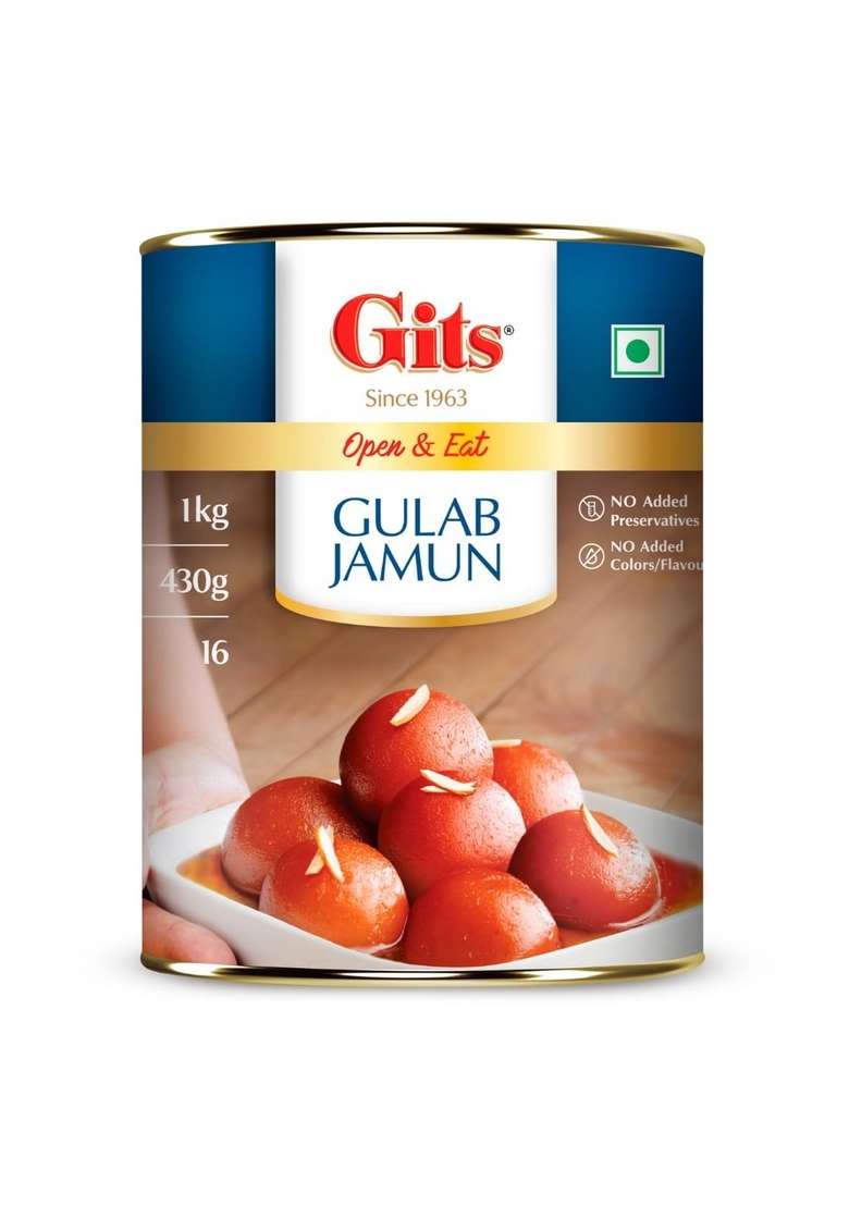 Gits Open & Eat Gulab Jamun Tin, 16 Pieces per Can, Mouth-Watering Indian Mithai, 1Kg - Indya