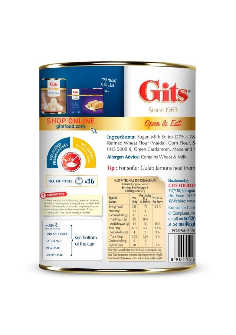 Gits Open & Eat Gulab Jamun Tin, 16 Pieces per Can, Mouth-Watering Indian Mithai, 1Kg - Indya