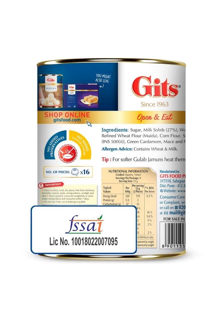 Gits Open & Eat Gulab Jamun Tin, 16 Pieces per Can, Mouth-Watering Indian Mithai, 1Kg - Indya